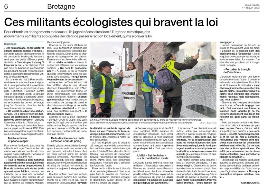 Article de Ouest France sur l'action d'Alternatiba Rennes contre TotalEnergies